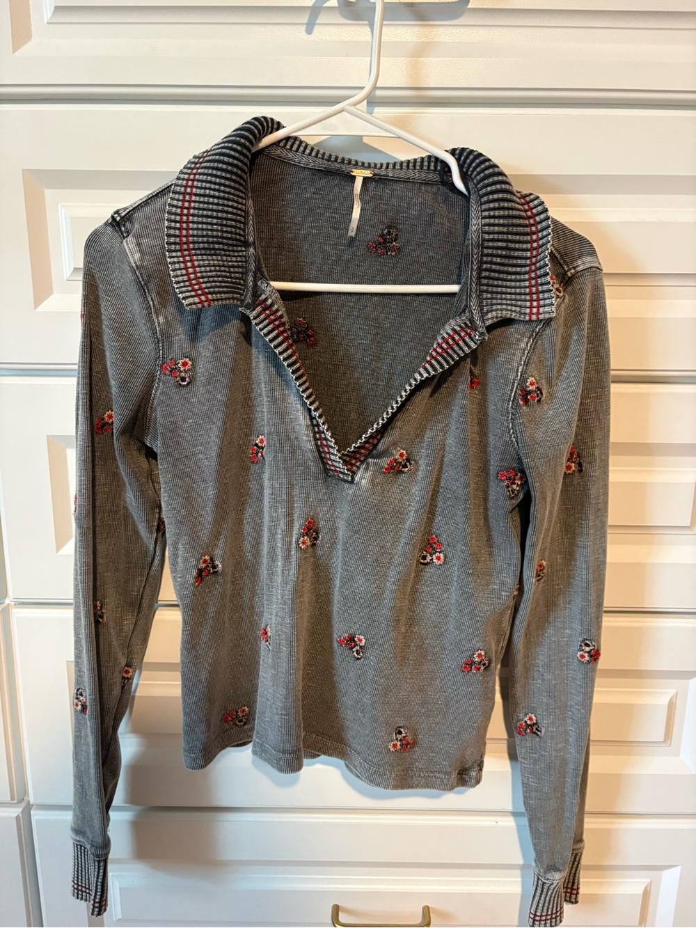 Free People Heather Gray Knit Polo Top with Embroidered Detail